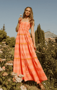 Sundress - Vanina Maxi Dress in Neon Coral Gingham - OutDazl