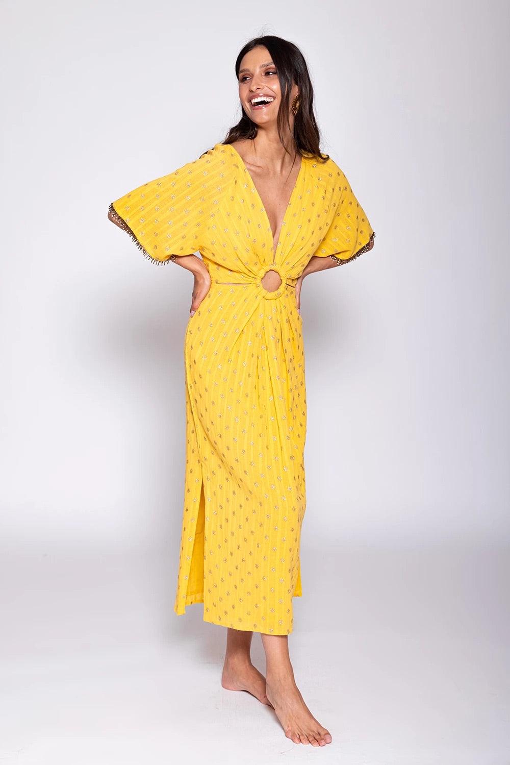 Sundress - Yuma Midi Eyelet Dress in Banana - OutDazl