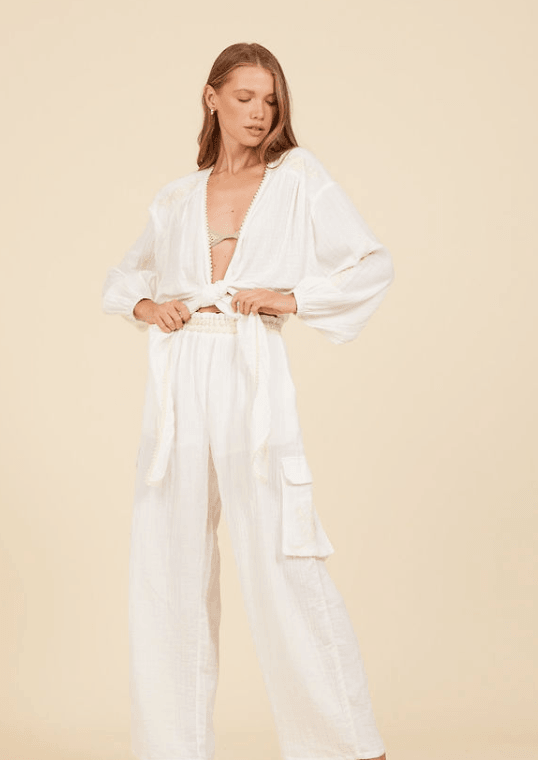 Surf Gypsy - Embroidered Tie Front Gauze Top - OutDazl
