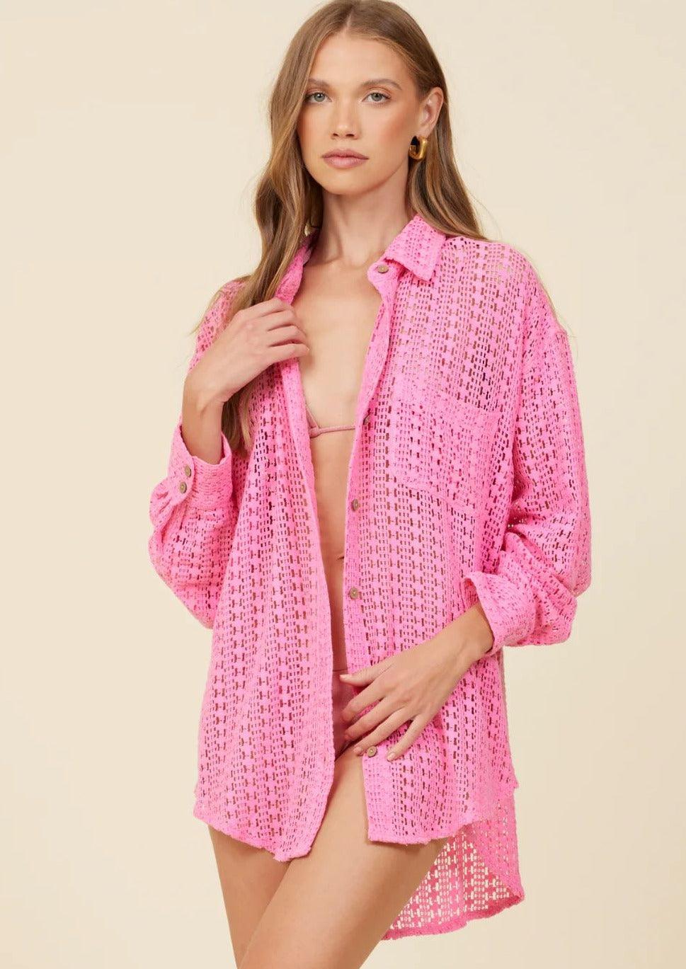 Surf Gypsy - Hot Pink Crochet Shirt - OutDazl