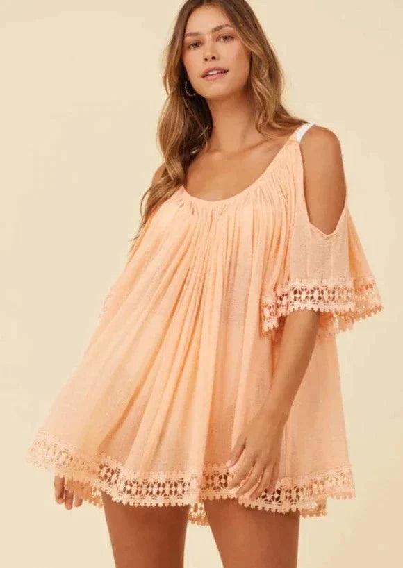 Surf Gypsy - Tropical Peach Gauze with Crochet Hem Cover Up - OutDazl