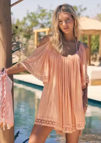Surf Gypsy - Tropical Peach Gauze with Crochet Hem Cover Up - OutDazl