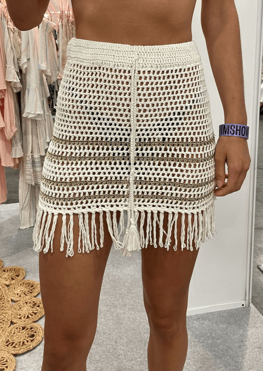 Surf Gypsy - White And Bronze Crochet Fringe Skirt with Metallic Detail - OutDazl