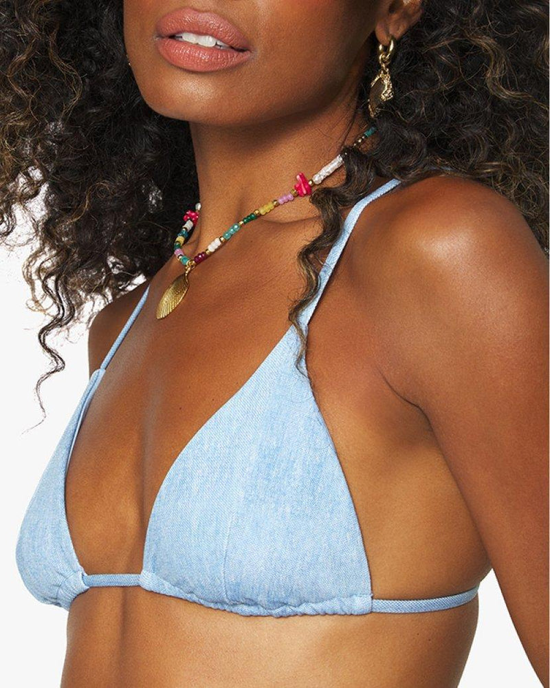 We Wore What - Cooper Pique Denim Texture Triangle Bikini Top in Light Wash - OutDazl