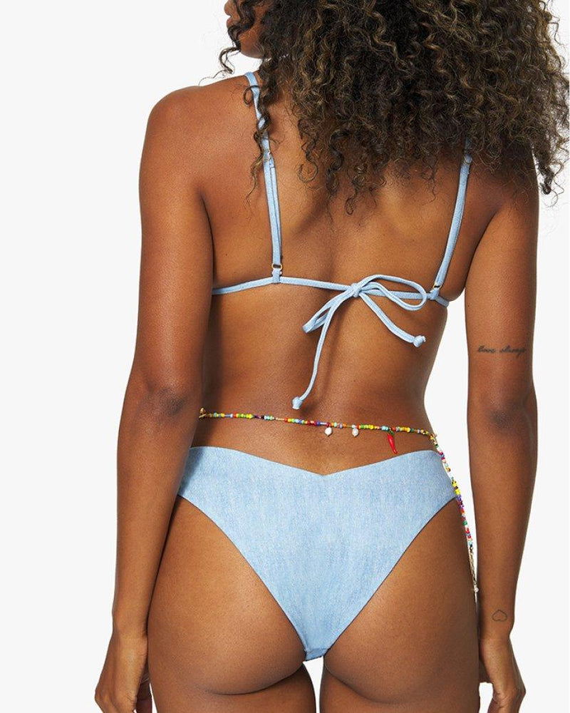 We Wore What - Cooper Pique Denim Texture Triangle Bikini Top in Light Wash - OutDazl