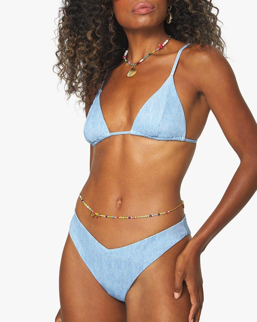 We Wore What - Delilah Pique Denim Texture Bikini Bottom in Light wash - OutDazl