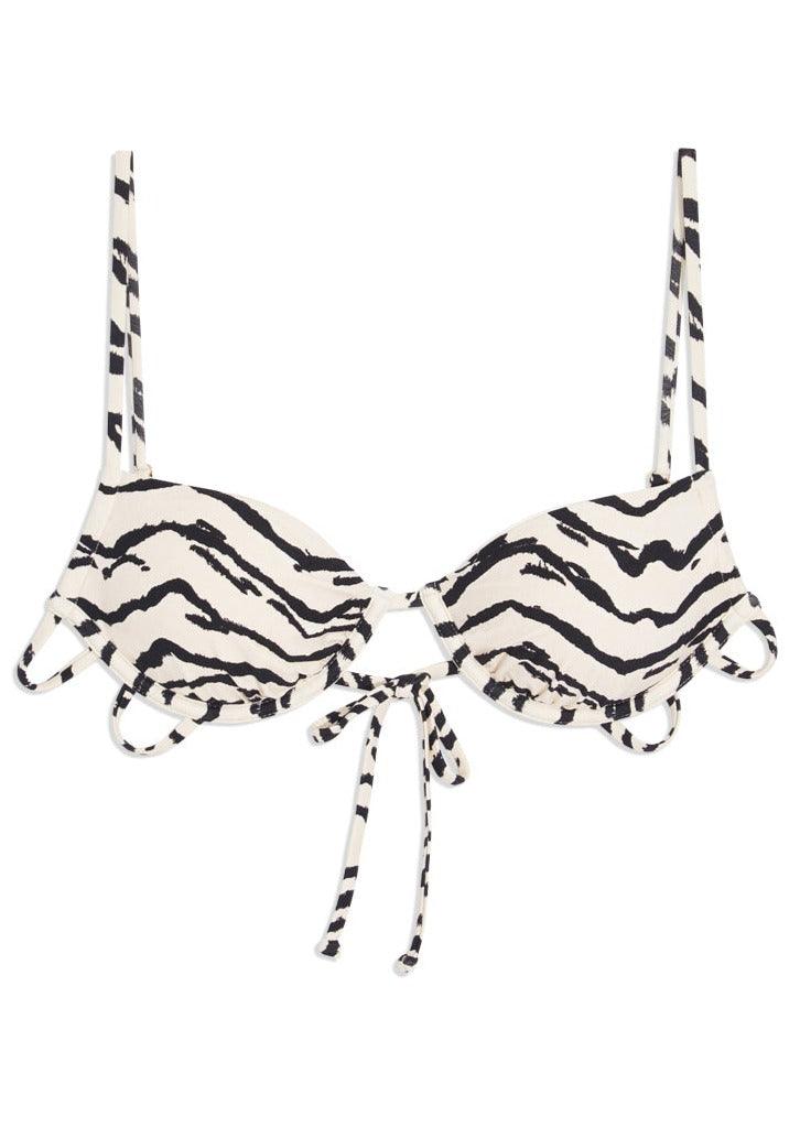 We Wore What - Ruched Underwire Bikini Top in White Tiger Print - OutDazl