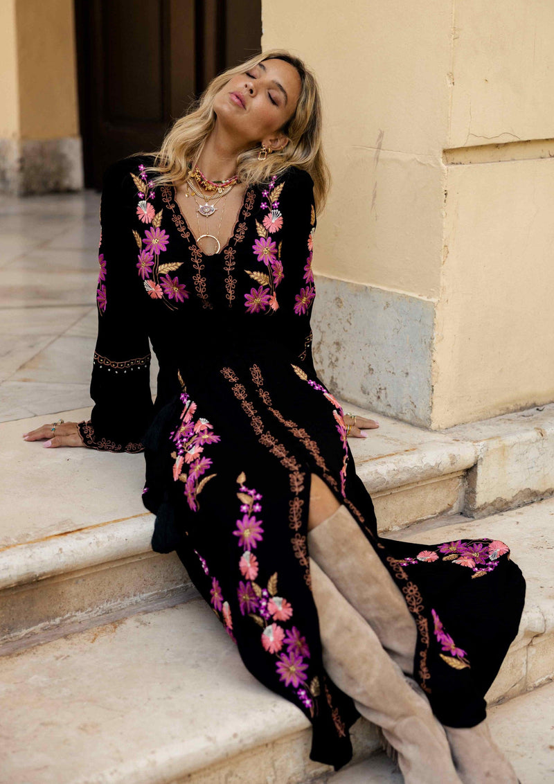 Zaimara - Maxi Black Embroidered Dress Blossom - OutDazl